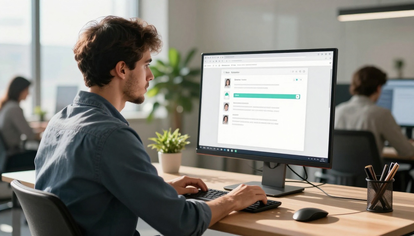Professional uploading a PDF file to a web platform on a desktop monitor