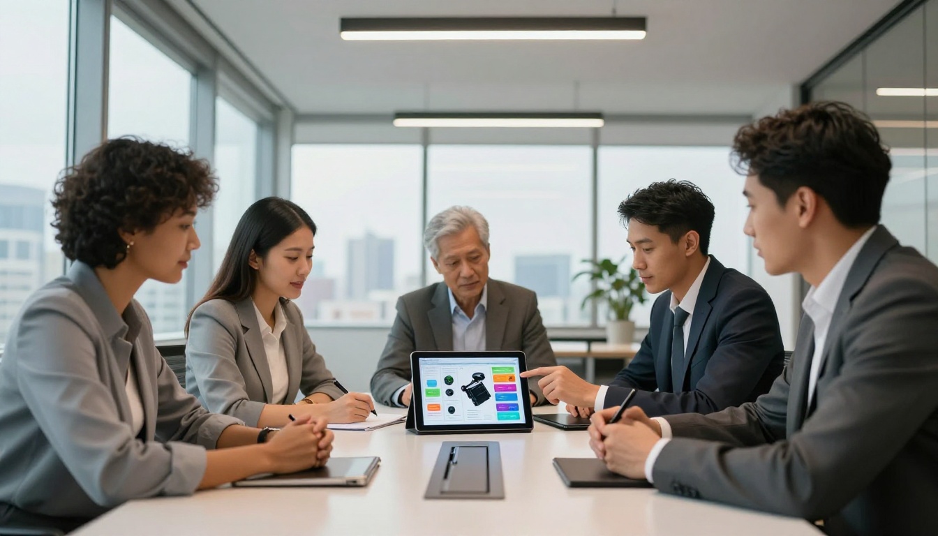 Diverse business team reviewing a digital product catalog on a tablet during a boardroom meeting Diverse business team reviewing a digital product catalog on a tablet during a boardroom meeting