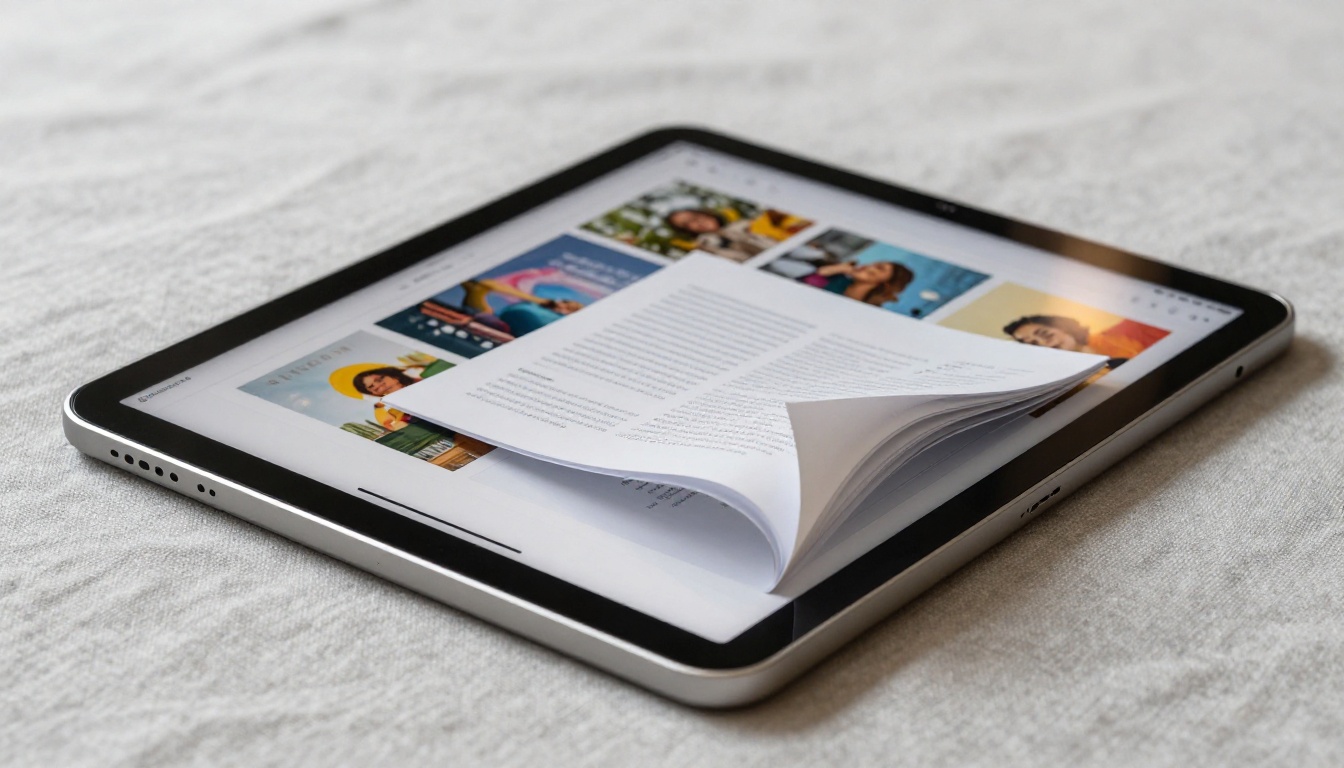 iPad displaying a colorful interactive flipbook with page-turn animation on a linen surface
