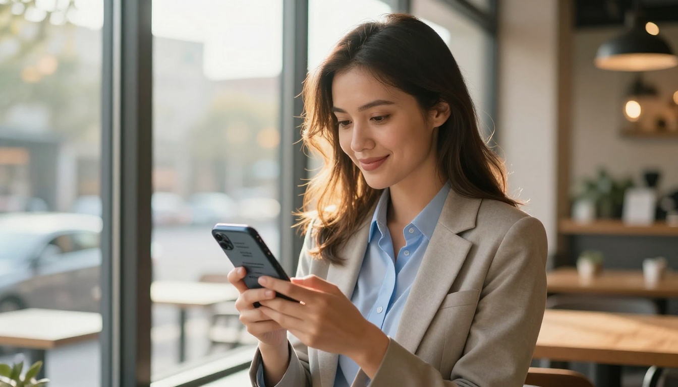 Young professional woman looking at a flipbook on her smartphone near a cafe window