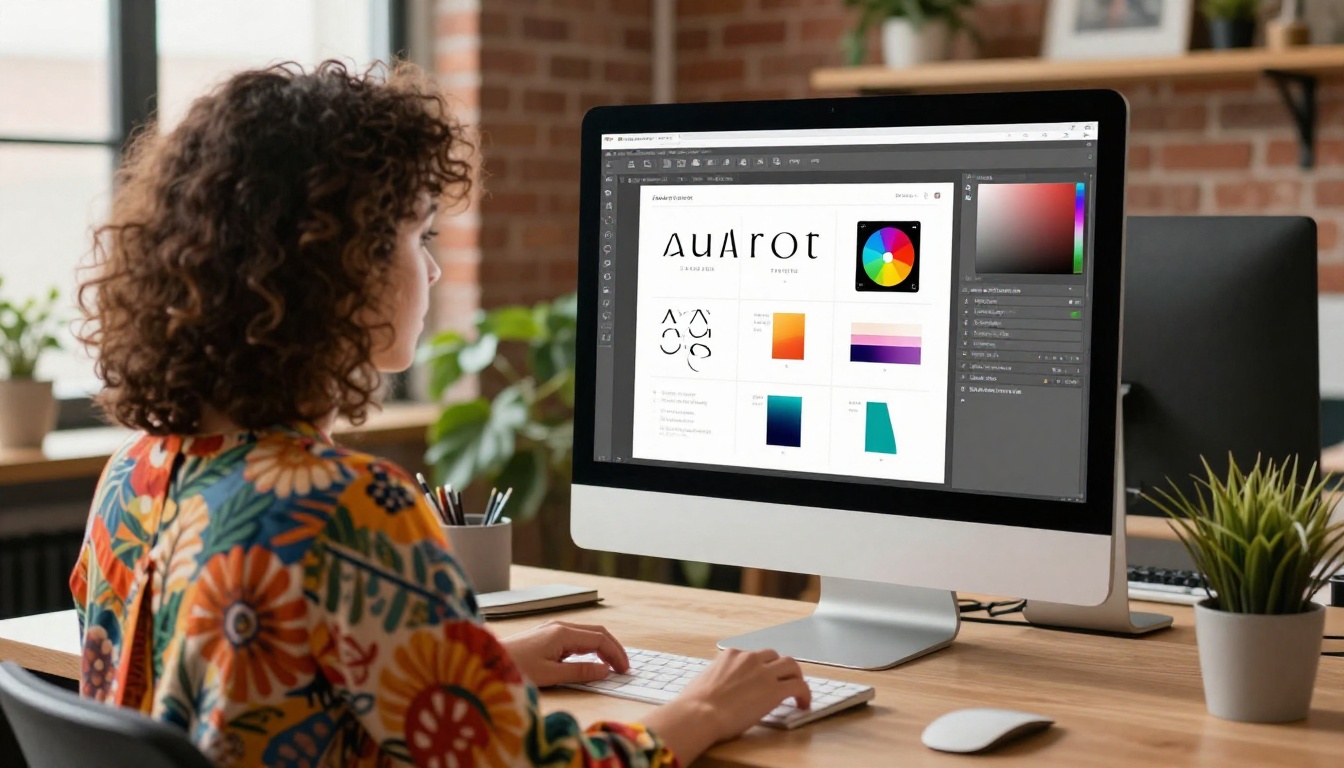 Creative professional customizing catalog branding and colors on a large iMac screen Creative professional customizing catalog branding and colors on a large iMac screen