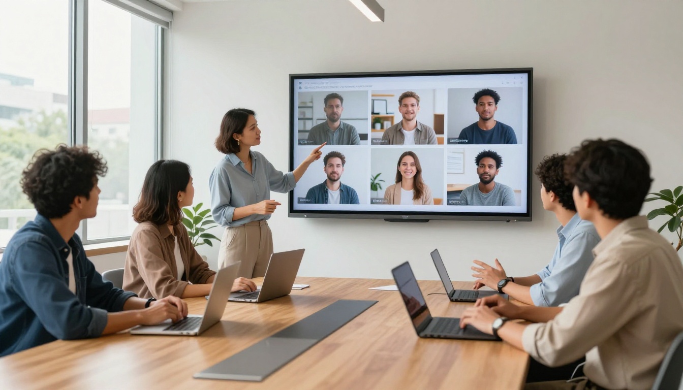 Small team watching a flipbook presentation on a large screen in a conference room
