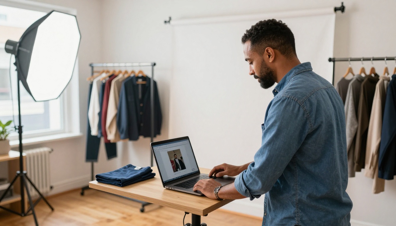 Small retail shop owner photographing products on a white backdrop with a laptop open nearby Small retail shop owner photographing products on a white backdrop with a laptop open nearby