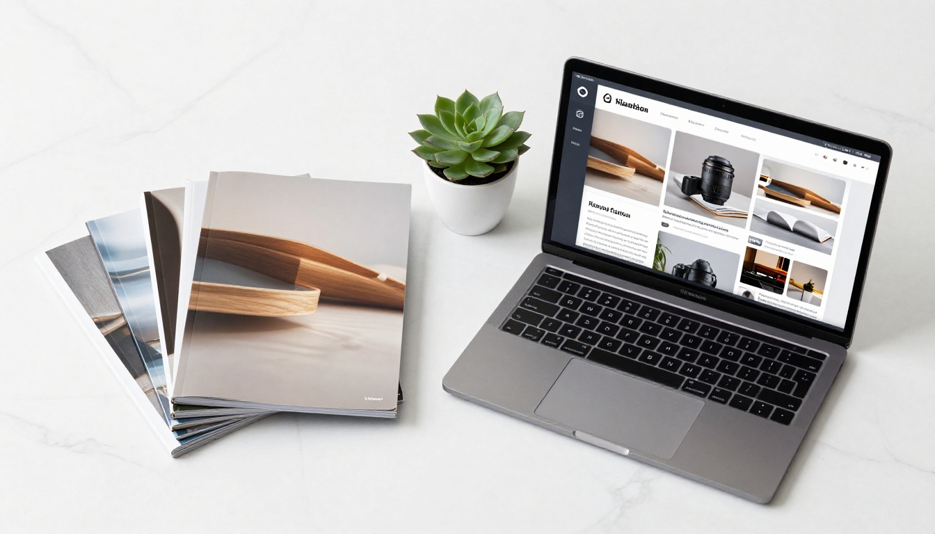 Printed catalogs stacked next to a laptop showing the same catalog as an interactive digital flipbook Printed catalogs stacked next to a laptop showing the same catalog as an interactive digital flipbook