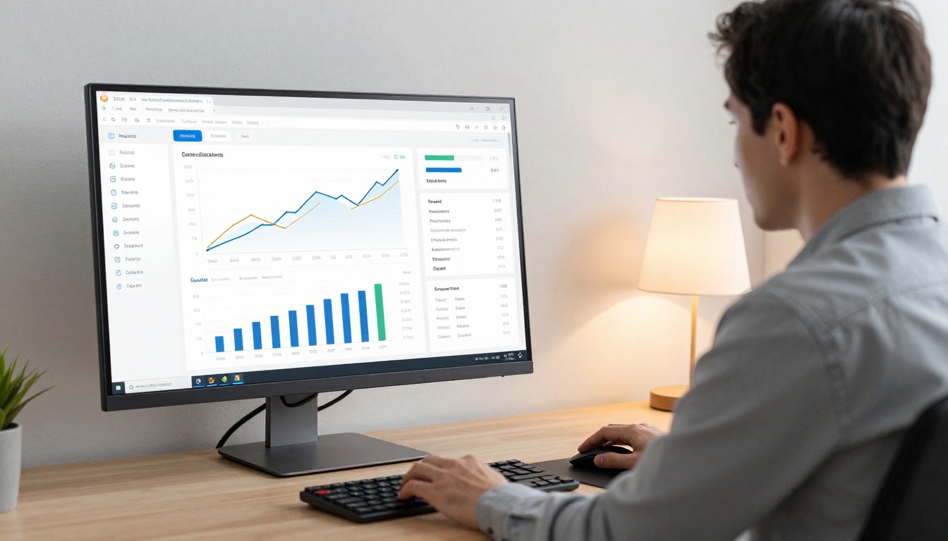 Professional reviewing analytics dashboard on a desktop monitor in a modern office
