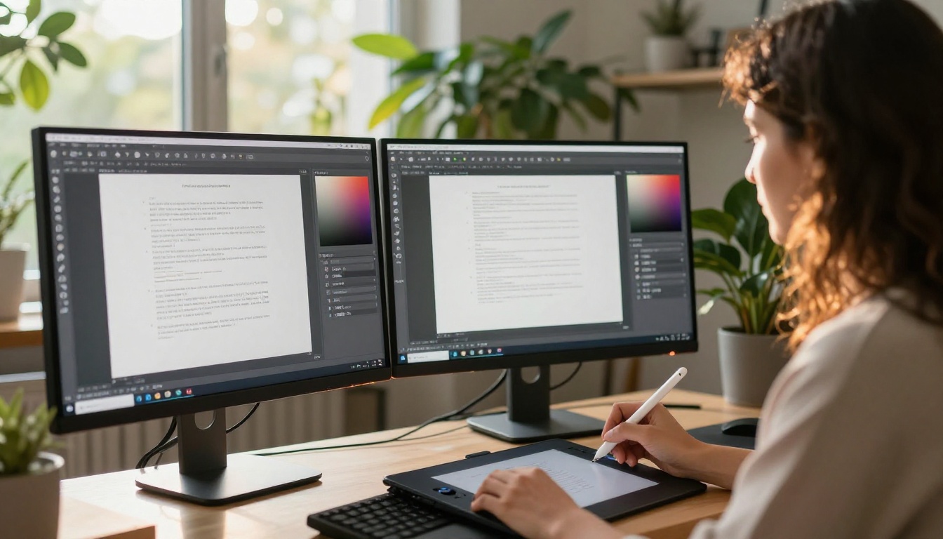 Creative professional at a dual-monitor setup customizing document branding and colors in a sunny studio