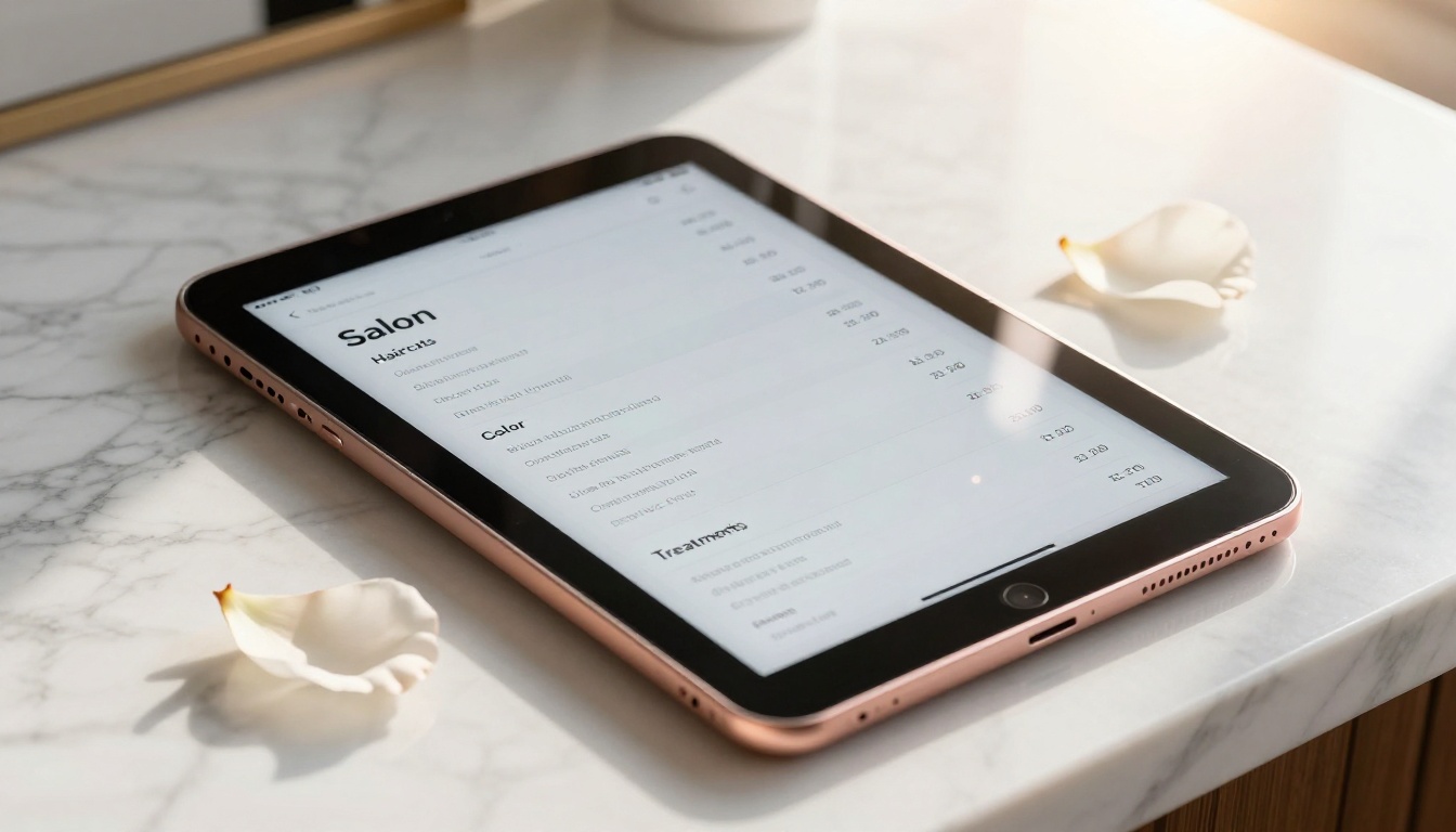Digital salon price list displayed on iPad on marble reception counter