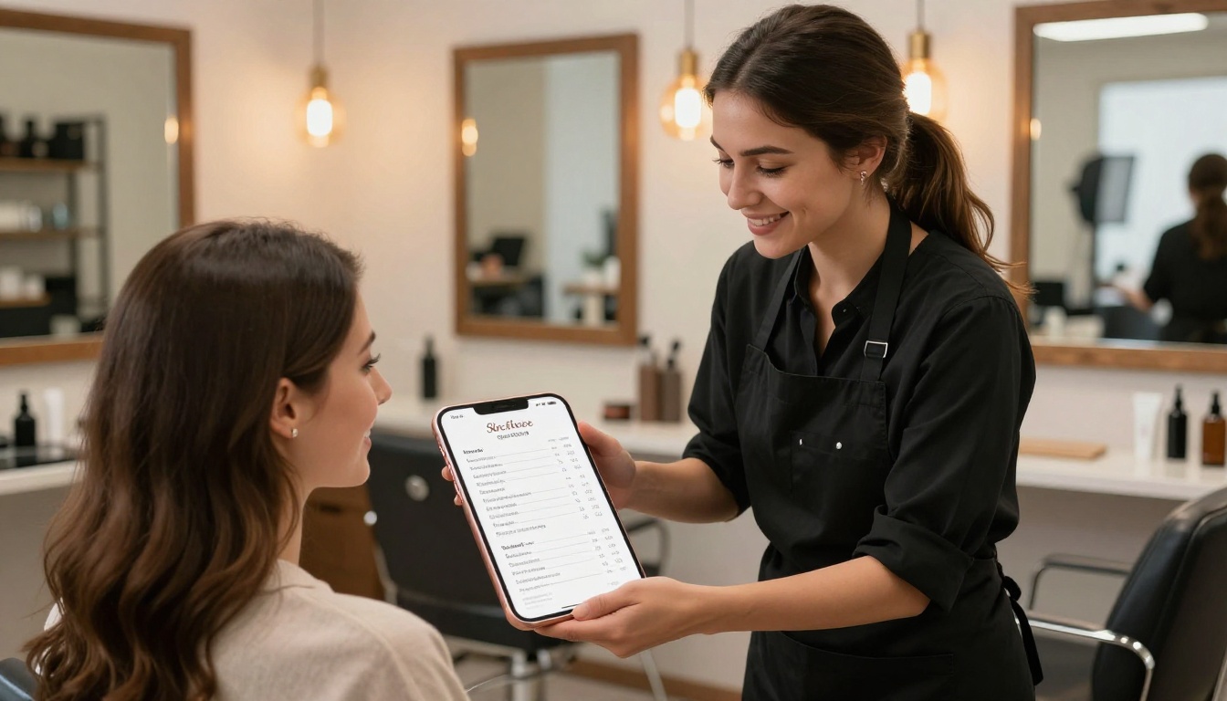 Hairstylist showing digital price list to client on smartphone at styling station