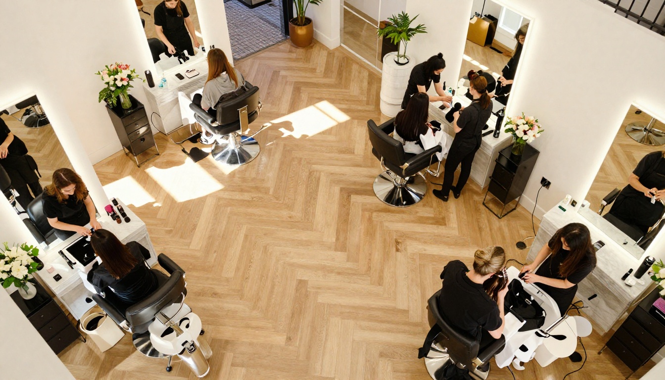 Aerial view of upscale hair salon in full operation with four styling stations