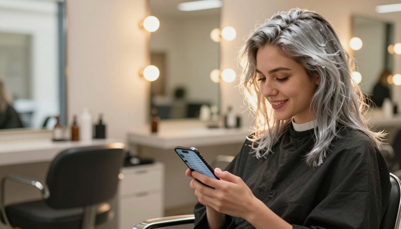 Client with hair in silver foils relaxing and scrolling digital salon price list on phone