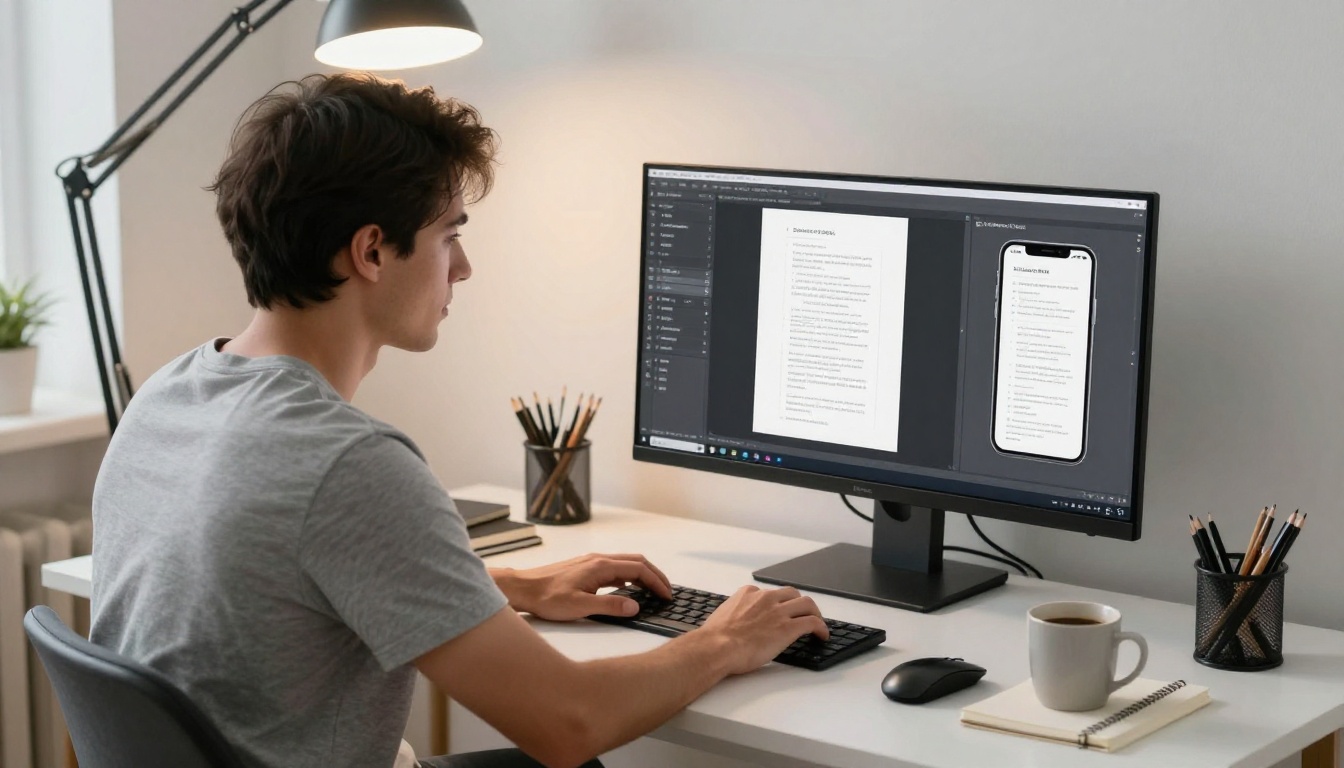 A graphic designer previewing a mobile flipbook on a dual-monitor setup A graphic designer previewing a mobile flipbook on a dual-monitor setup
