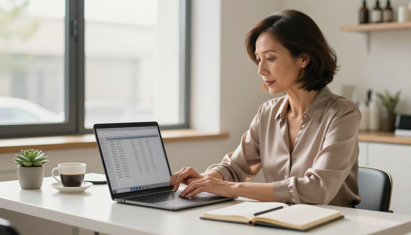 Salon owner updating digital price list on laptop in bright back office