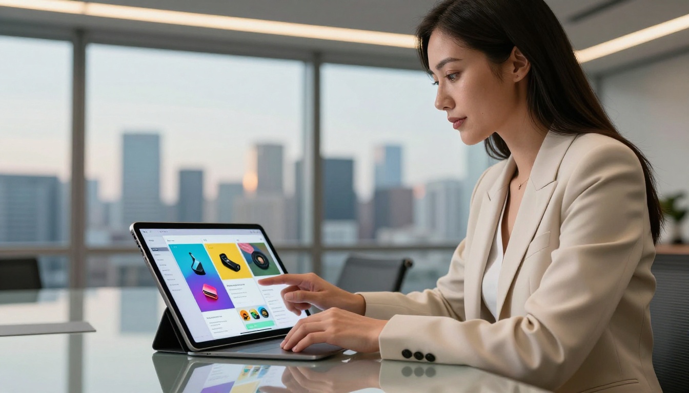 A businesswoman tapping through a product catalog flipbook on a tablet in a conference room A businesswoman tapping through a product catalog flipbook on a tablet in a conference room