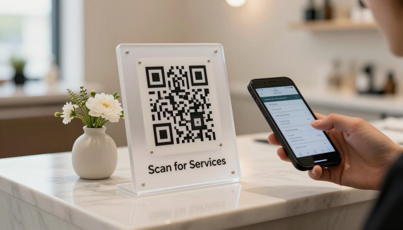 Elegant QR code acrylic sign on salon marble counter with client scanning it