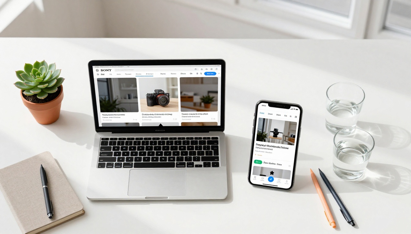 Aerial flat-lay of a laptop and smartphone showing the same flipbook at different responsive screen sizes Aerial flat-lay of a laptop and smartphone showing the same flipbook at different responsive screen sizes