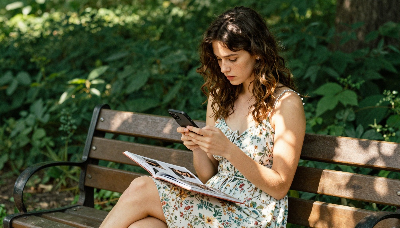 A stylish woman on a park bench scrolling through a fashion lookbook flipbook on her smartphone A stylish woman on a park bench scrolling through a fashion lookbook flipbook on her smartphone