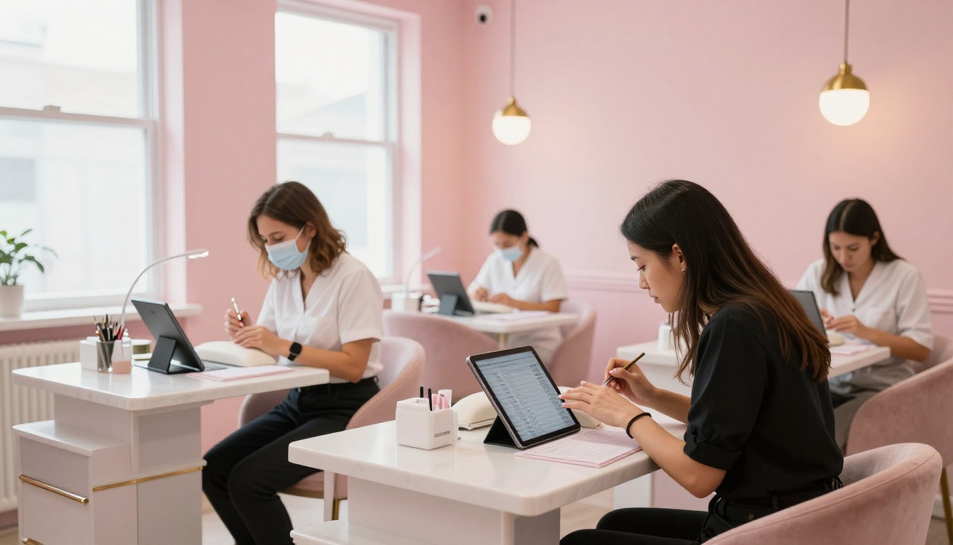 Nail studio clients reviewing digital price list on tablets with technicians