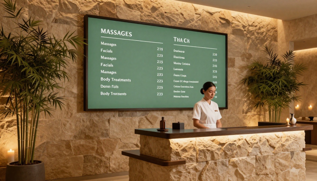 Luxurious spa reception with backlit digital service and price display on wall
