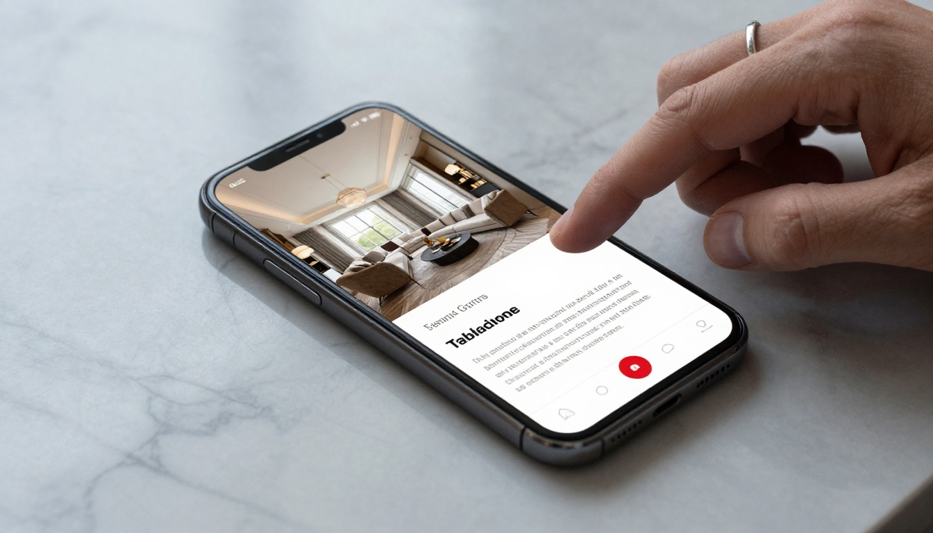 Close-up of a smartphone showing a real estate property brochure as a digital flipbook Close-up of a smartphone showing a real estate property brochure as a digital flipbook