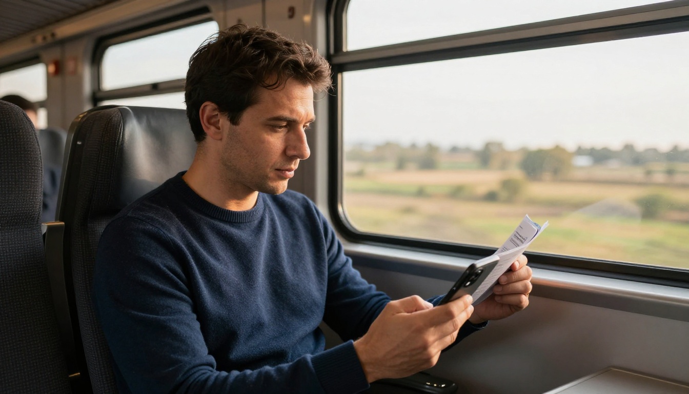 A man reading a corporate flipbook on his smartphone while commuting on a train A man reading a corporate flipbook on his smartphone while commuting on a train