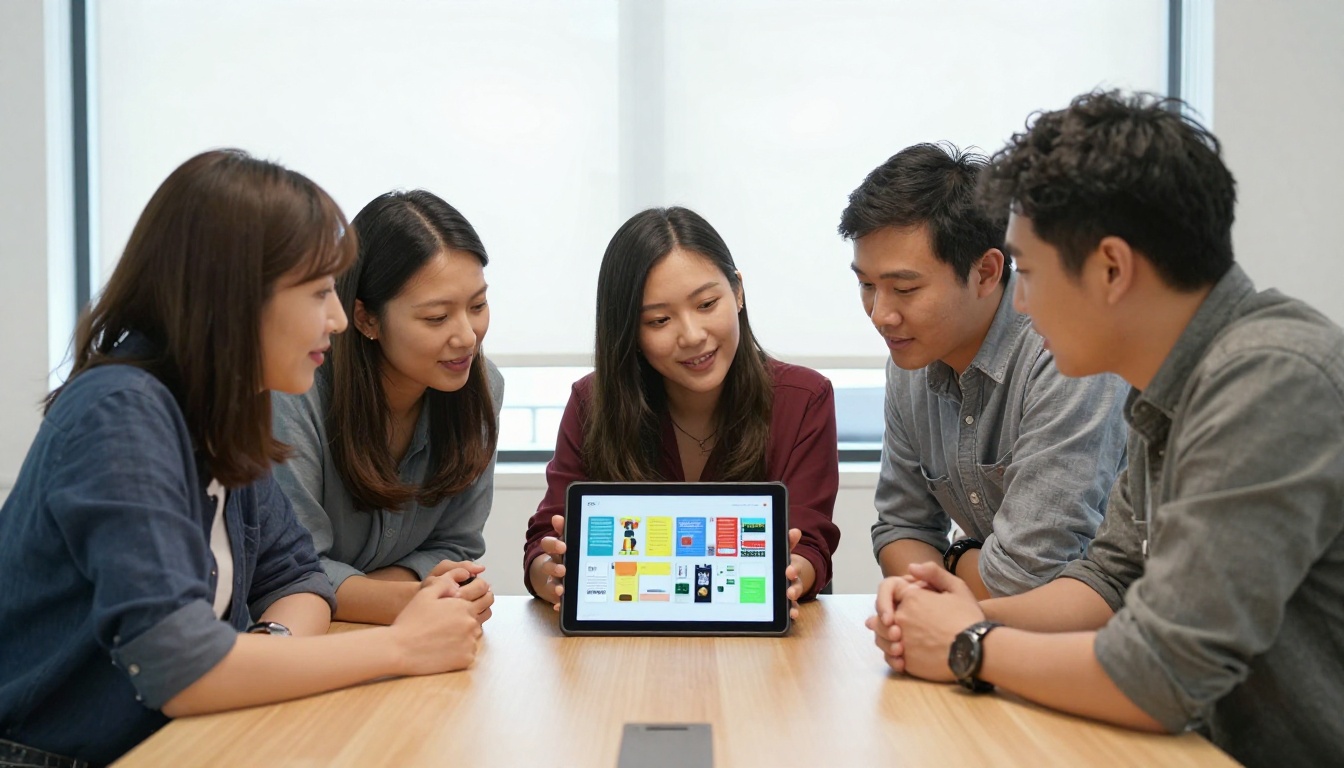 A creative team sharing a flipbook on a tablet in a collaborative meeting A creative team sharing a flipbook on a tablet in a collaborative meeting