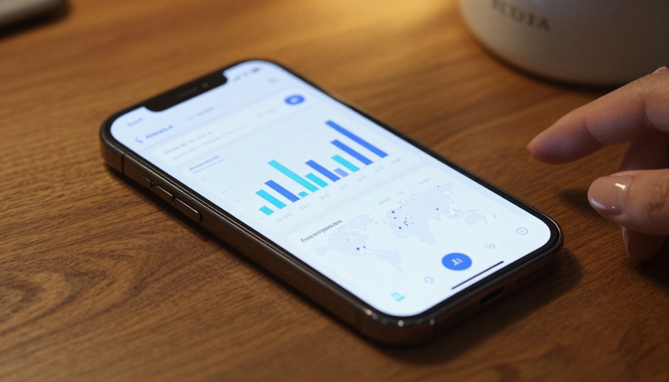 A smartphone on a walnut desk displaying a flipbook analytics dashboard with reader metrics A smartphone on a walnut desk displaying a flipbook analytics dashboard with reader metrics