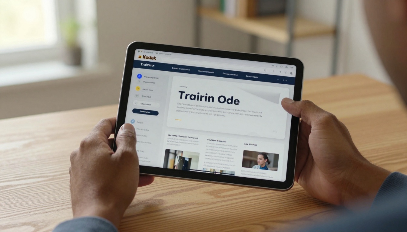 Hands holding a tablet with interactive training content