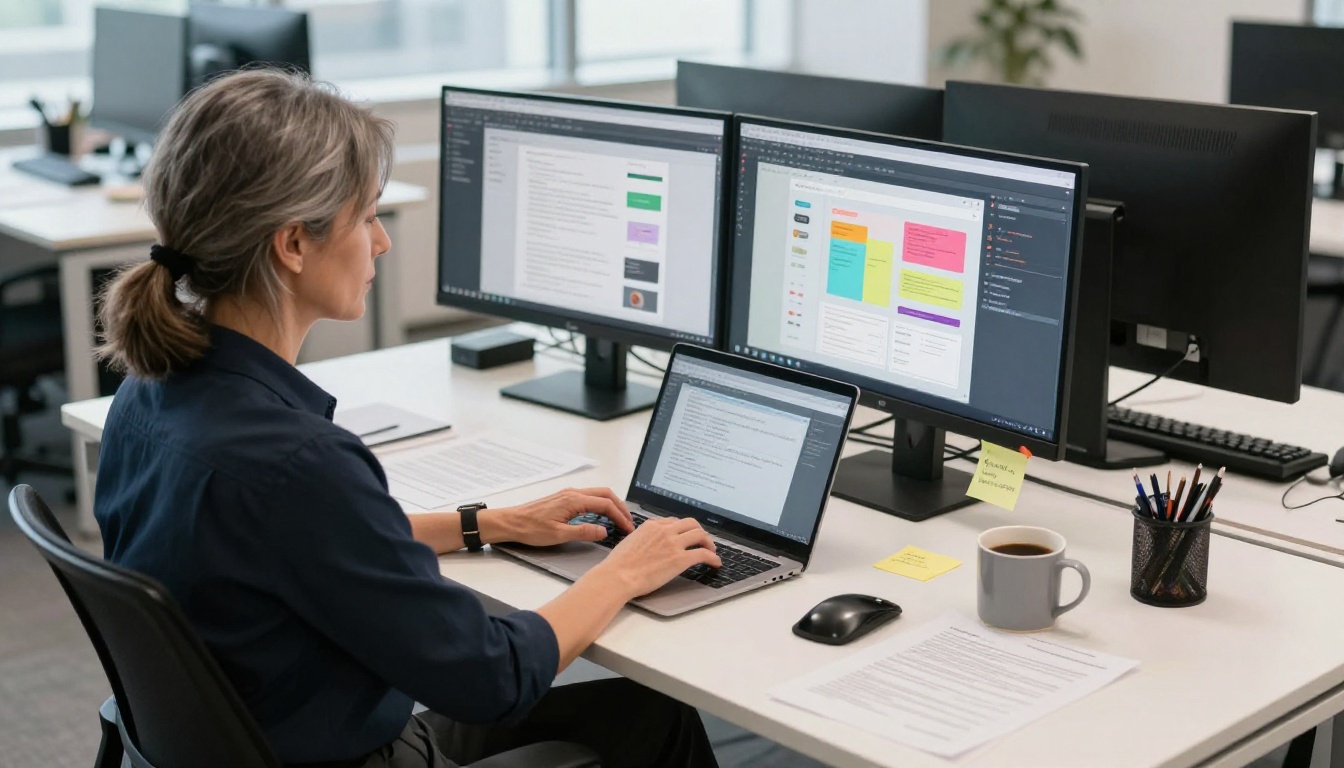 HR professional designing training content on a laptop