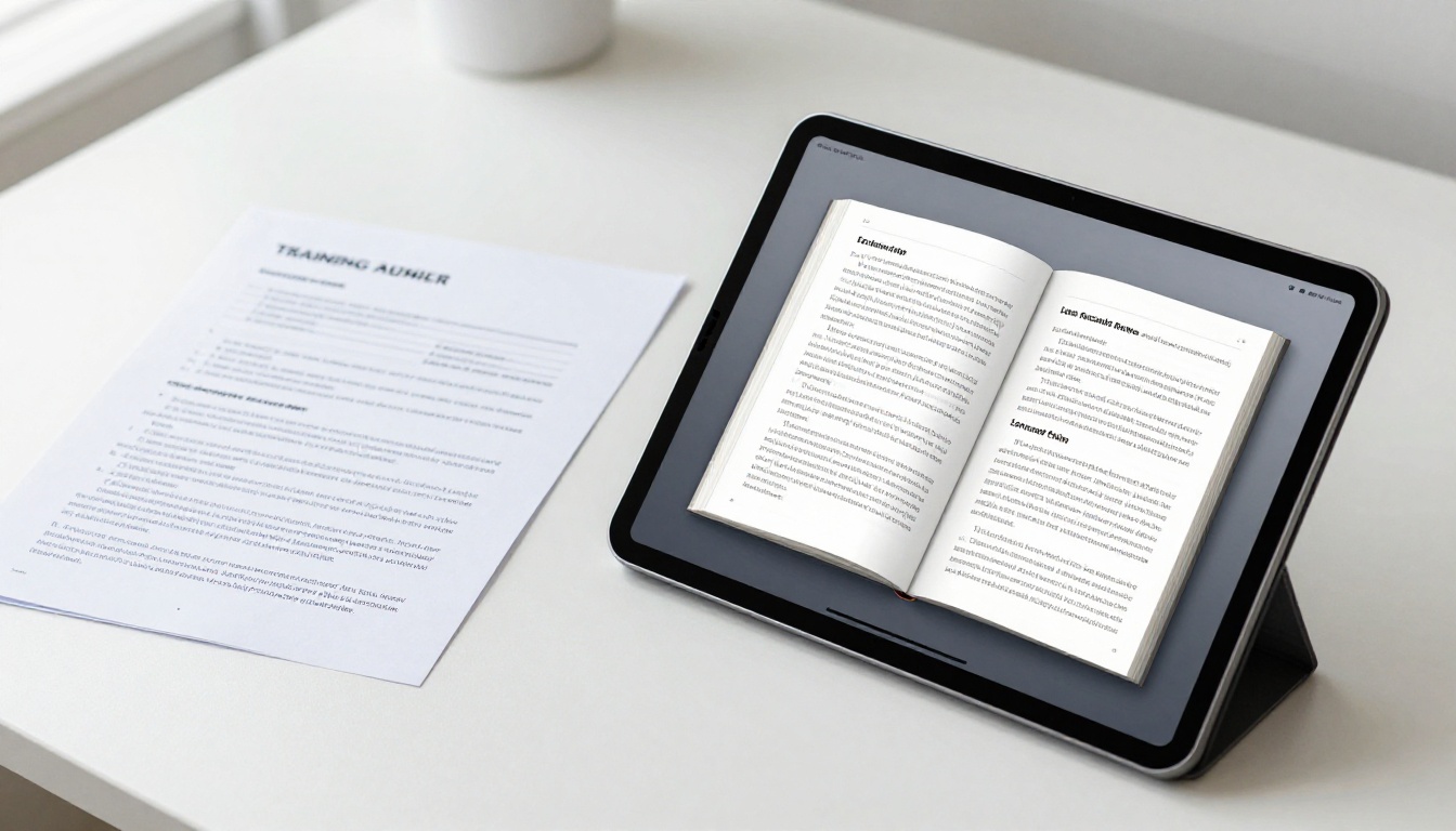 Printed training manual beside a digital flipbook on tablet