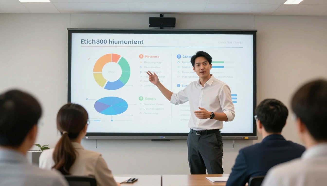 Corporate trainer presenting interactive training modules