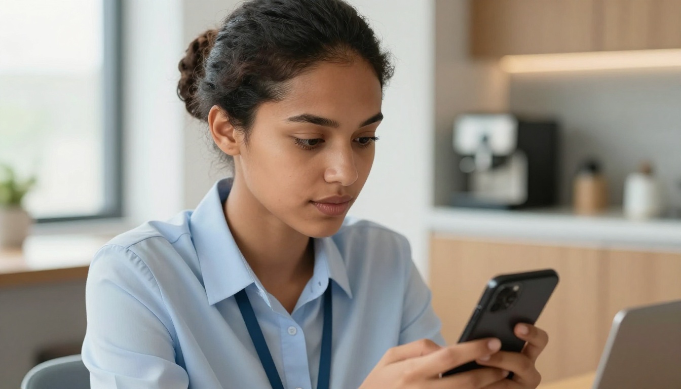 Employee completing training on smartphone in break room
