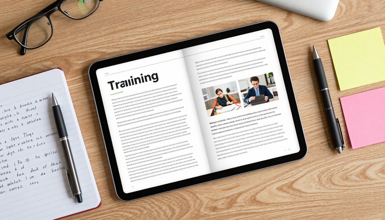 Flat-lay of tablet flipbook with notebook notes and highlighters