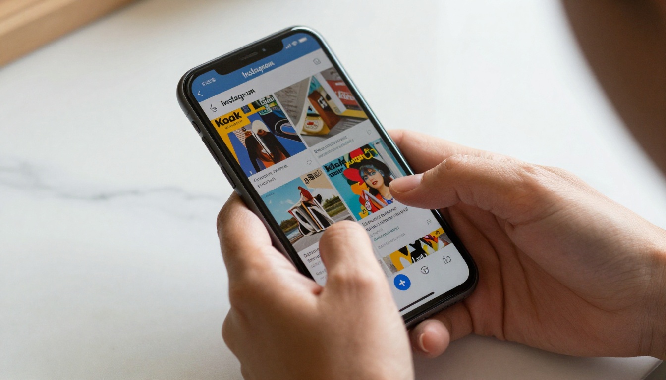 A smartphone displaying a digital flipbook being shared on Instagram, held in a woman's hands on a marble table, soft natural daylight