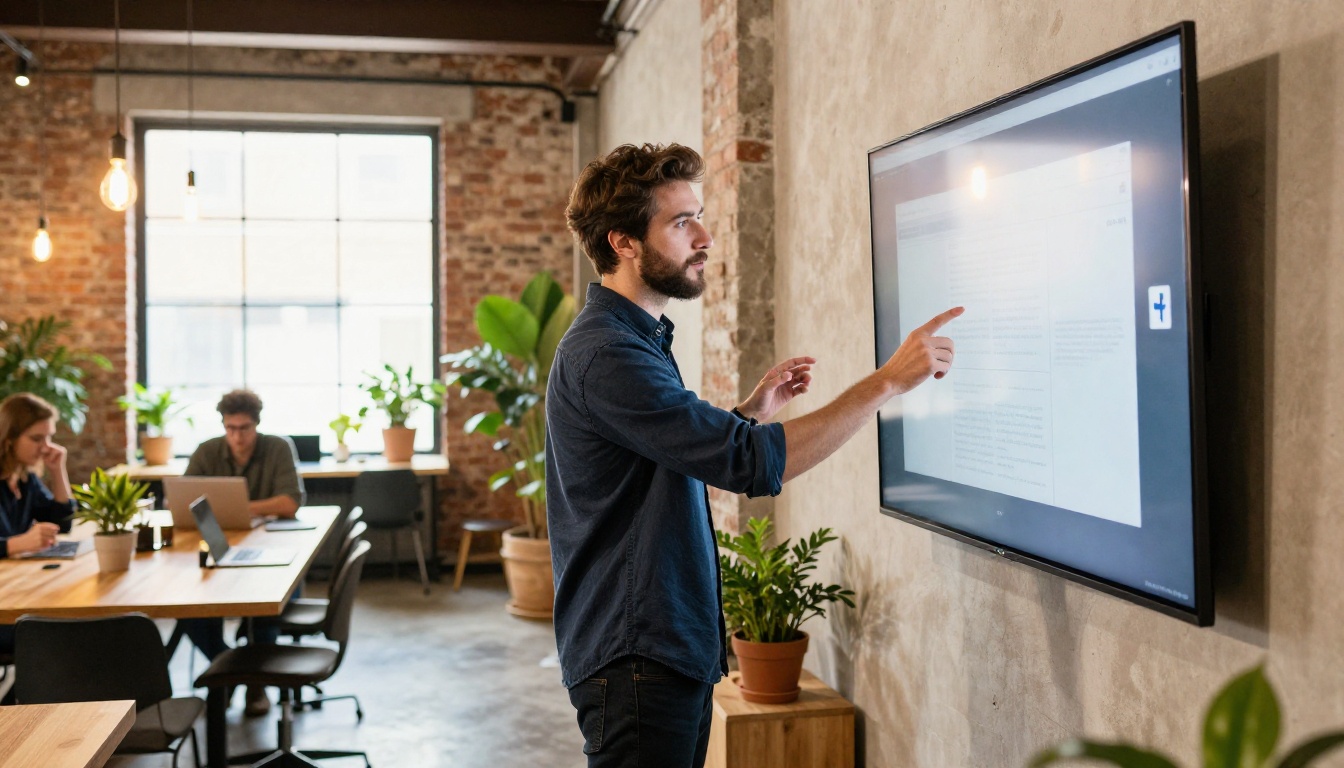 A man in a co-working space presenting a digital flipbook on a wall-mounted screen to his colleagues