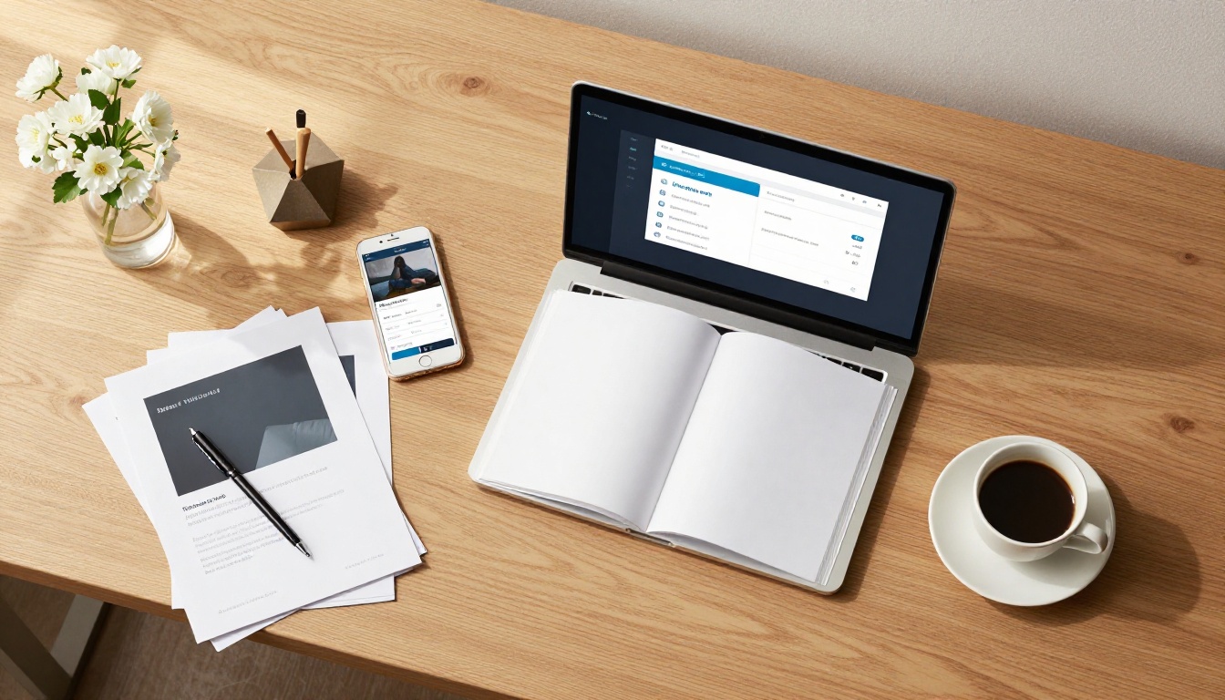 A flat lay of a laptop with flipbook dashboard, smartphone with LinkedIn open, brochures and coffee on a wooden desk