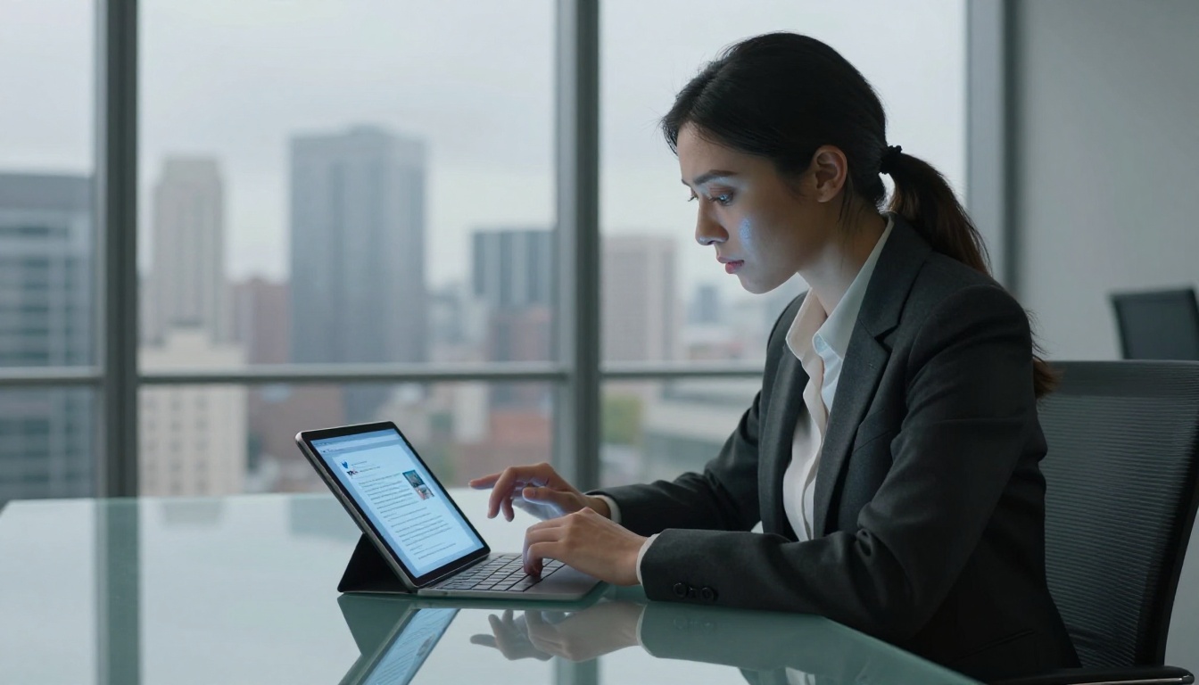 A businesswoman in a blazer focusing on her tablet which shows a Twitter post with a flipbook link preview