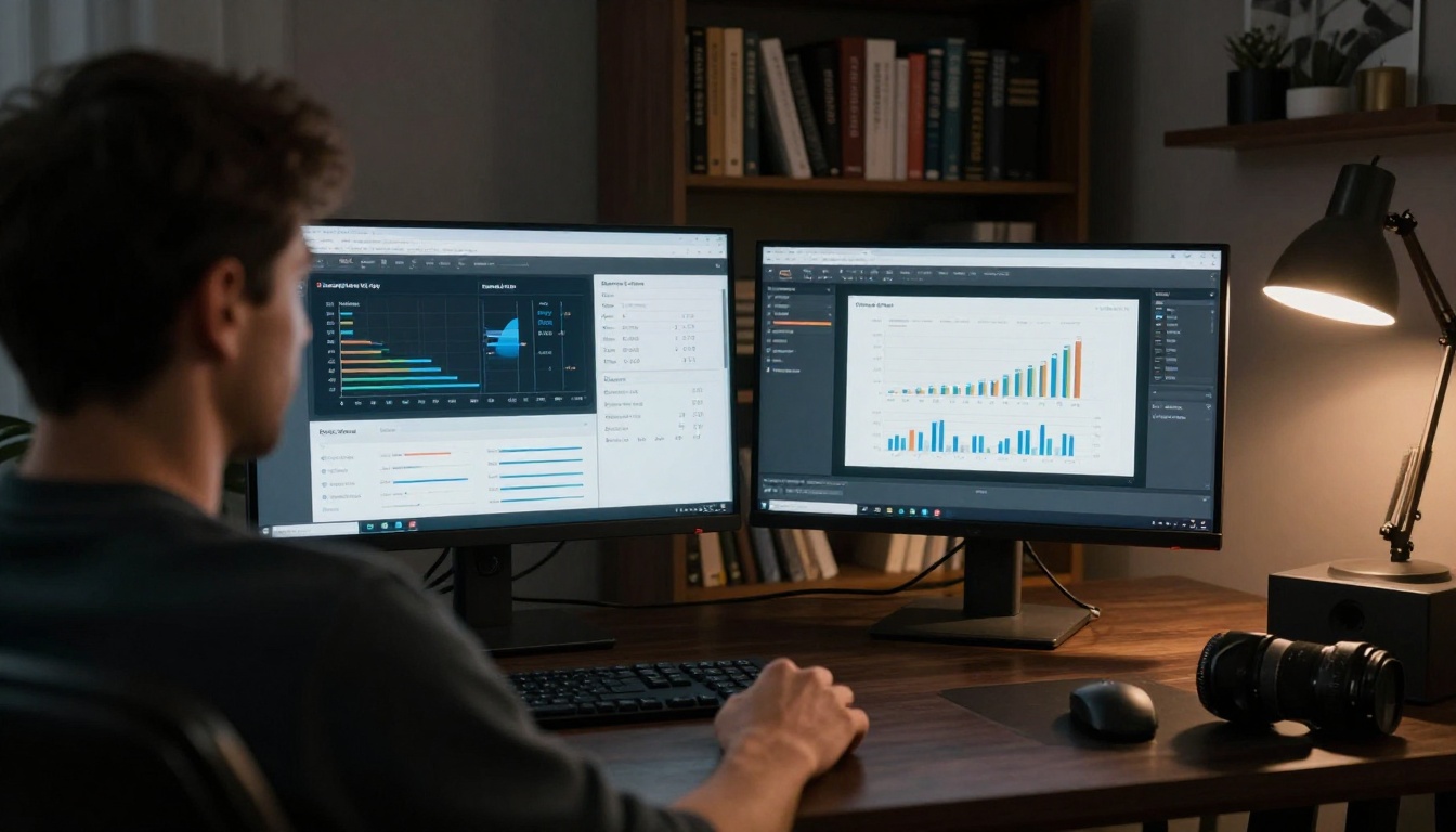 A man tracking flipbook analytics on two monitors showing engagement graphs and live flipbook pages