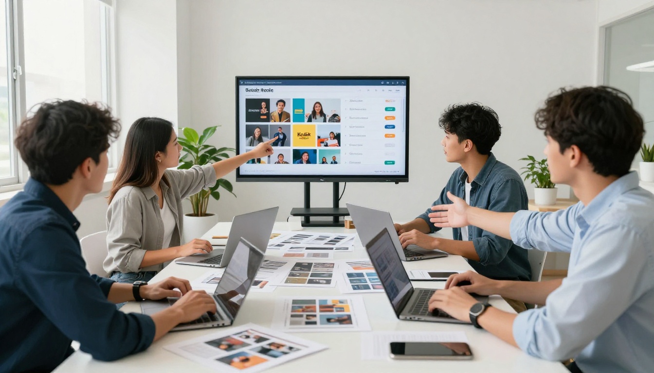 A team of three professionals reviewing a flipbook on a wall screen while planning their social media schedule together