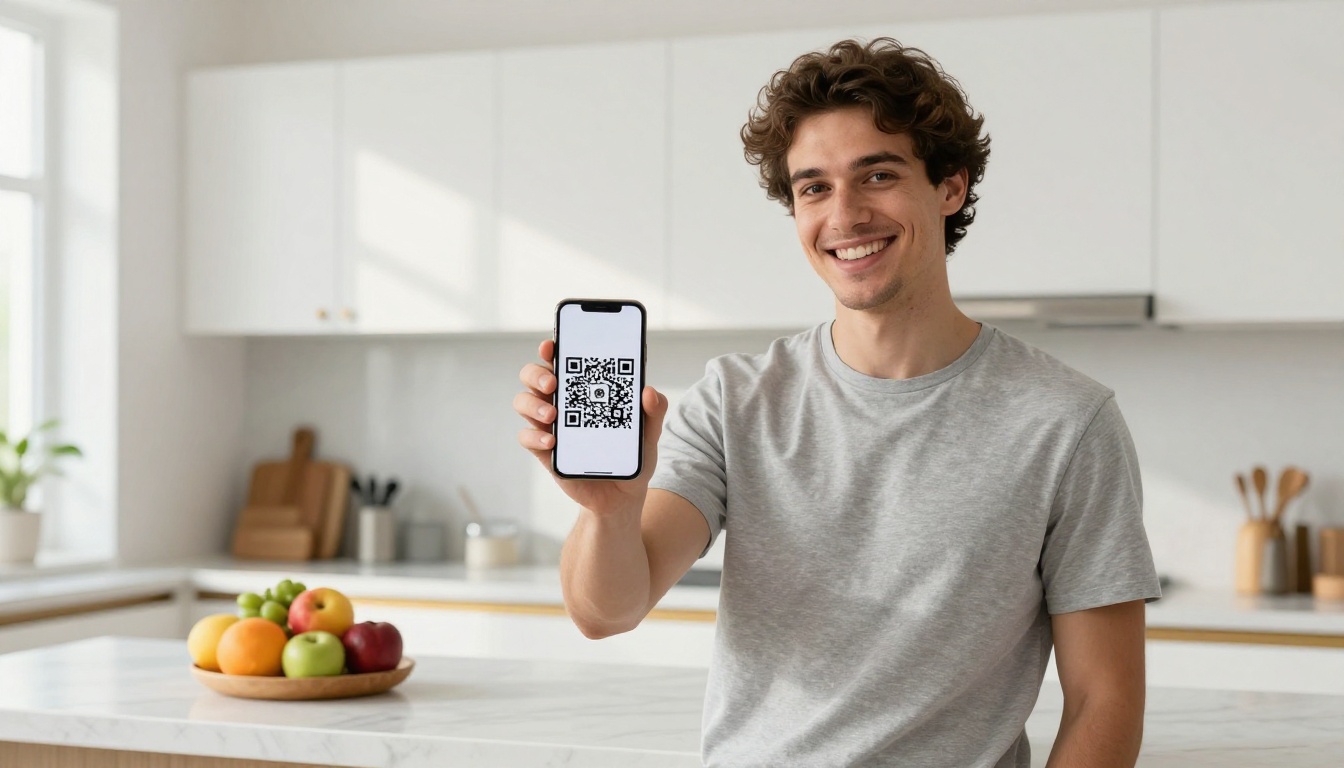A young male entrepreneur smiling and holding up his phone showing a QR code for his flipbook in a modern kitchen