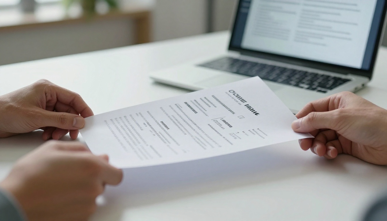 Close-up of hands comparing a printed resume to a digital flipbook on a laptop screen Close-up of hands comparing a printed resume to a digital flipbook on a laptop screen