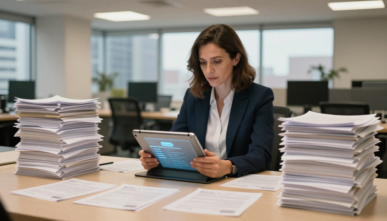 Recruiter reviewing resume flipbook on iPad while paper resumes pile up on conference table Recruiter reviewing resume flipbook on iPad while paper resumes pile up on conference table