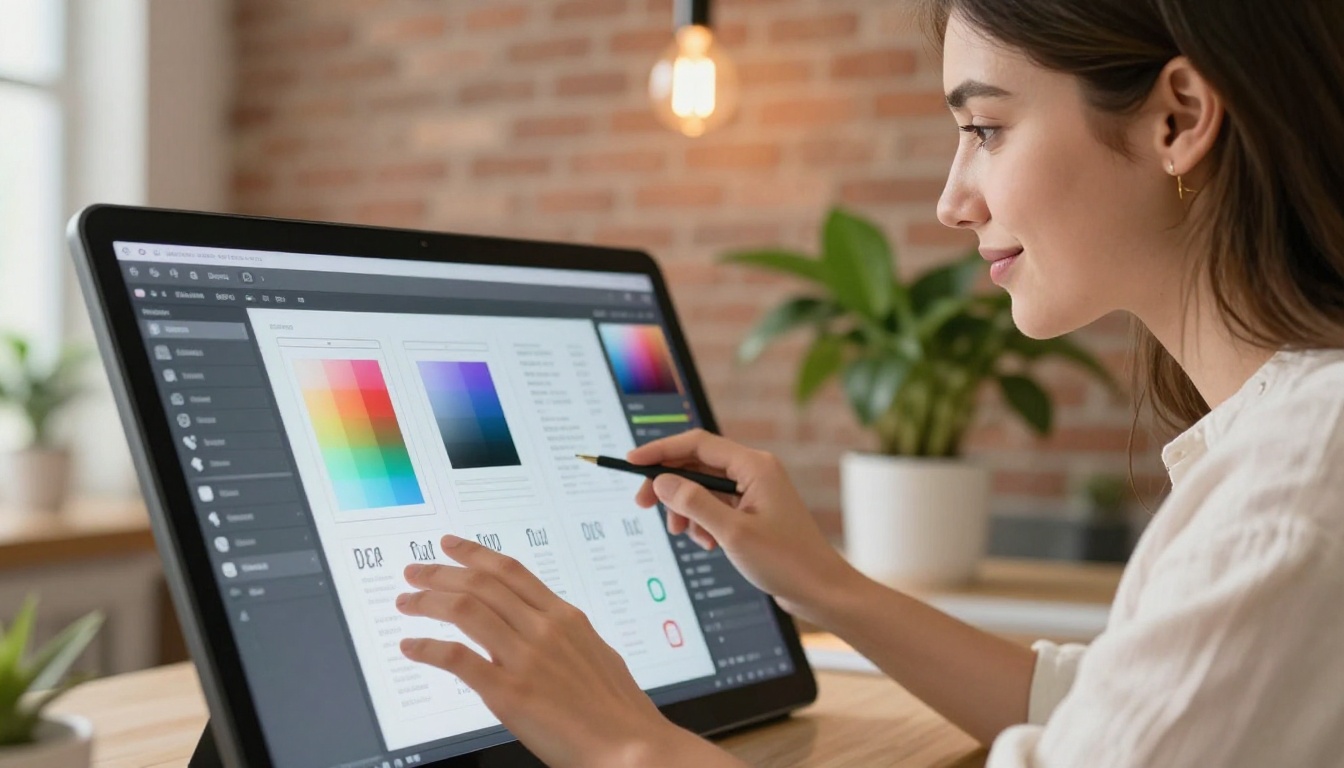 Creative woman customizing flipbook design on a touchscreen monitor in a studio workspace Creative woman customizing flipbook design on a touchscreen monitor in a studio workspace
