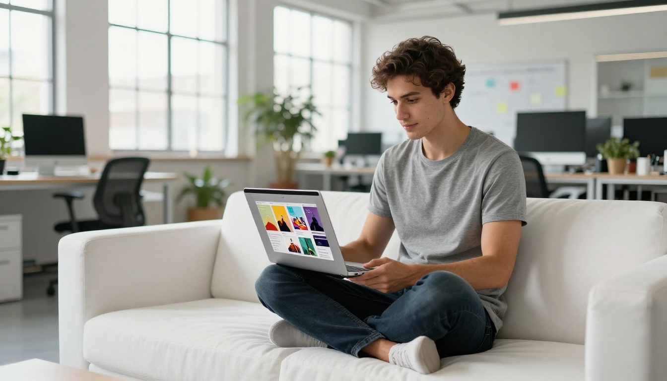Young graphic designer showing a portfolio flipbook resume on a MacBook in a creative agency office Young graphic designer showing a portfolio flipbook resume on a MacBook in a creative agency office