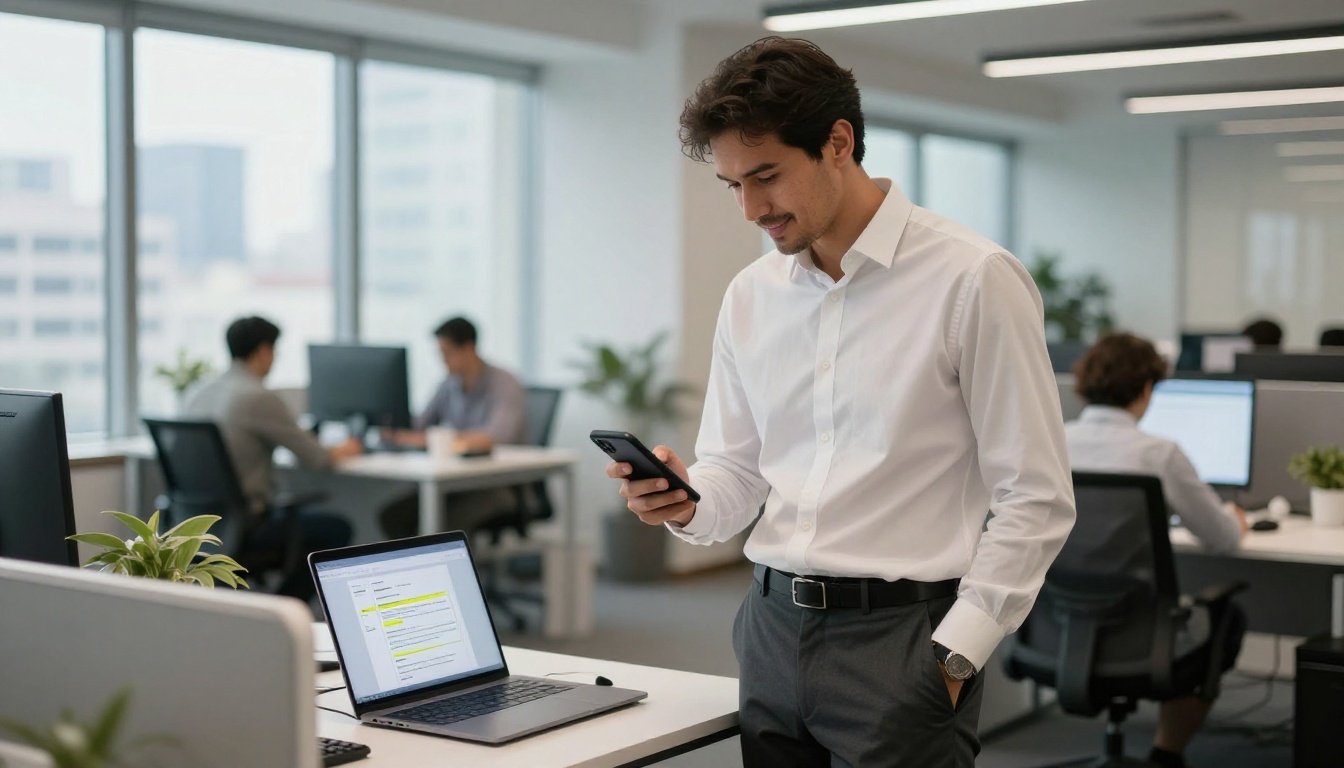 Professional man sharing a resume flipbook link via phone and laptop in a corporate office Professional man sharing a resume flipbook link via phone and laptop in a corporate office