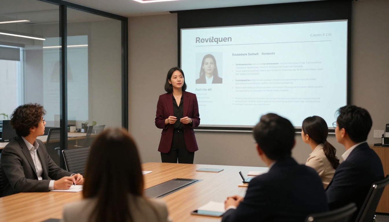Professional woman presenting her resume flipbook on a large screen at a conference room interview Professional woman presenting her resume flipbook on a large screen at a conference room interview