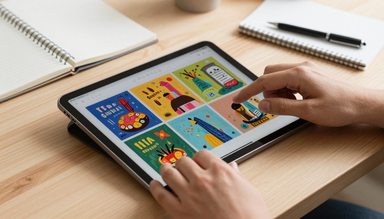 Hands interacting with a digital flipbook on tablet