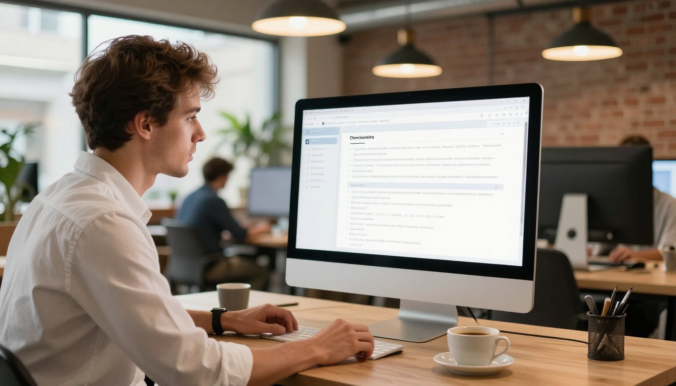 Man reviewing flipbook tools in modern co-working space