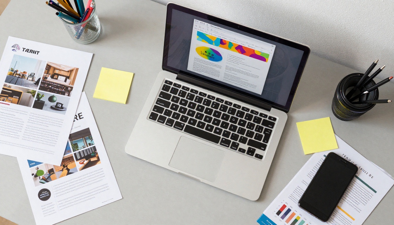 Aerial flat-lay of workspace with marketing materials, laptop, and documents
