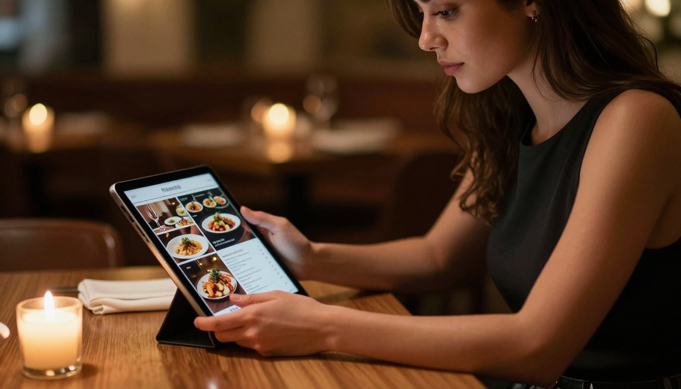 Woman at restaurant table reviewing digital menu flipbook on tablet