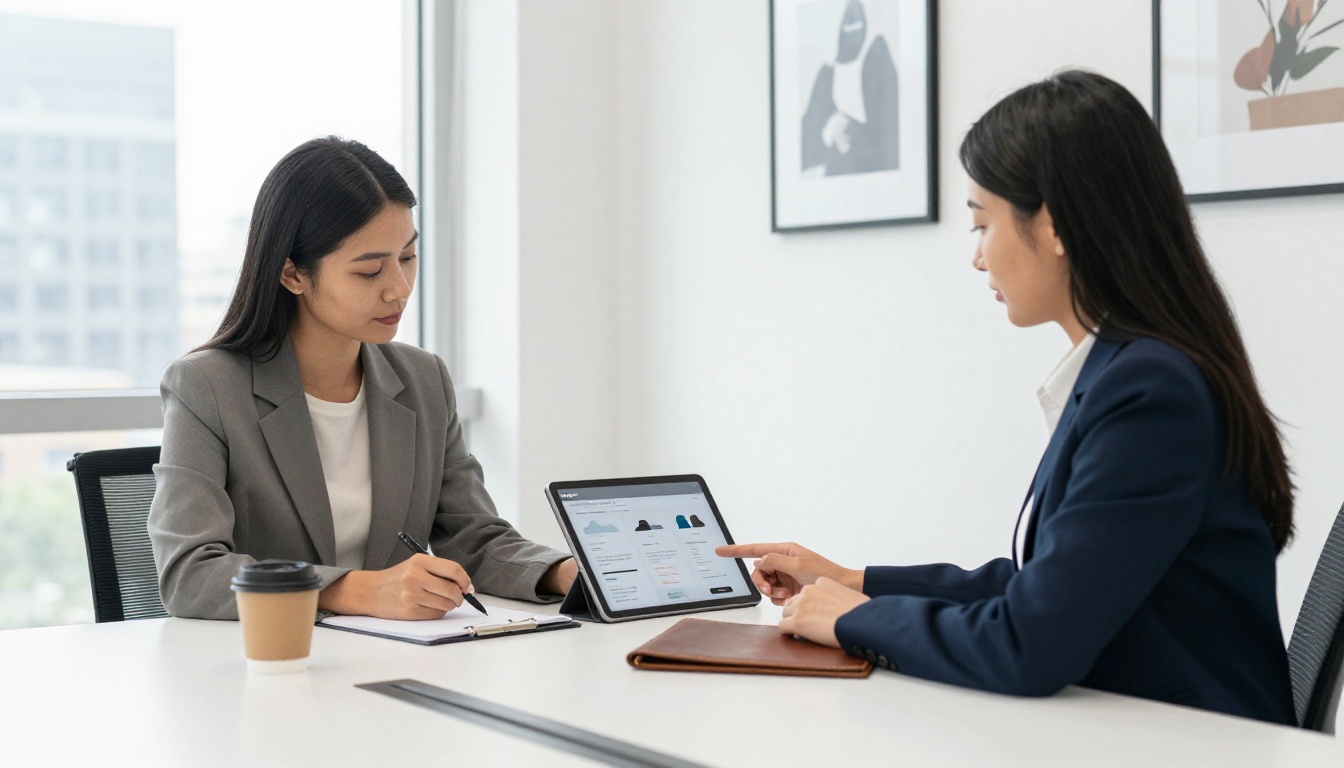 Small business owner presenting digital catalog on tablet in office meeting
